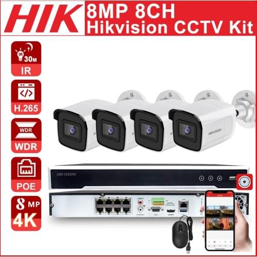 Hikvision 8MP CCTV Kit 4K POE IP Camera DS-2CD2085G1-I POE 8CH 4K DS-7608NI-K2/8P APP P2P Video Survillance system POE NVR KIT