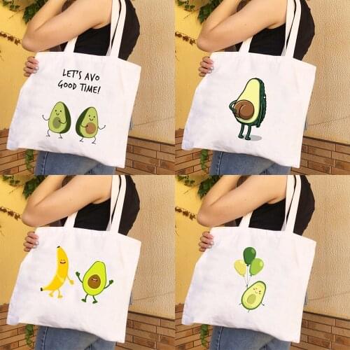 Avocado Cartoon Printed Canvas Shoulder Bag Female Harajuku Ulzzang Funny Avocado Shopping Pouch Fashion Casual Eco Tote Bags