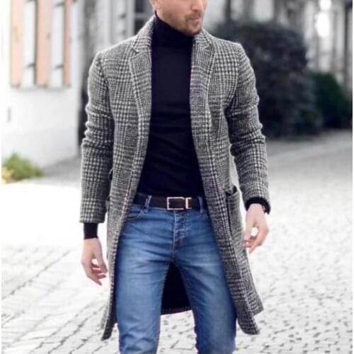 Swonco Plaid Woolen Coat Men Winter Warm Outwear Mid Long Design New Male Slim Cool Coats for Mens Winter