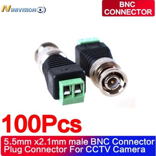 100Pcs Mini Coax CAT5 Male BNC Connector To Camera CCTV BNC Video Balun Connector Adapter