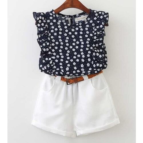 Melario Summer Casual Children Sets Chiffon Flowers Blue T-shirt Pants Girls Clothing Sets Kids Summer Set Toddler Girl Outfits