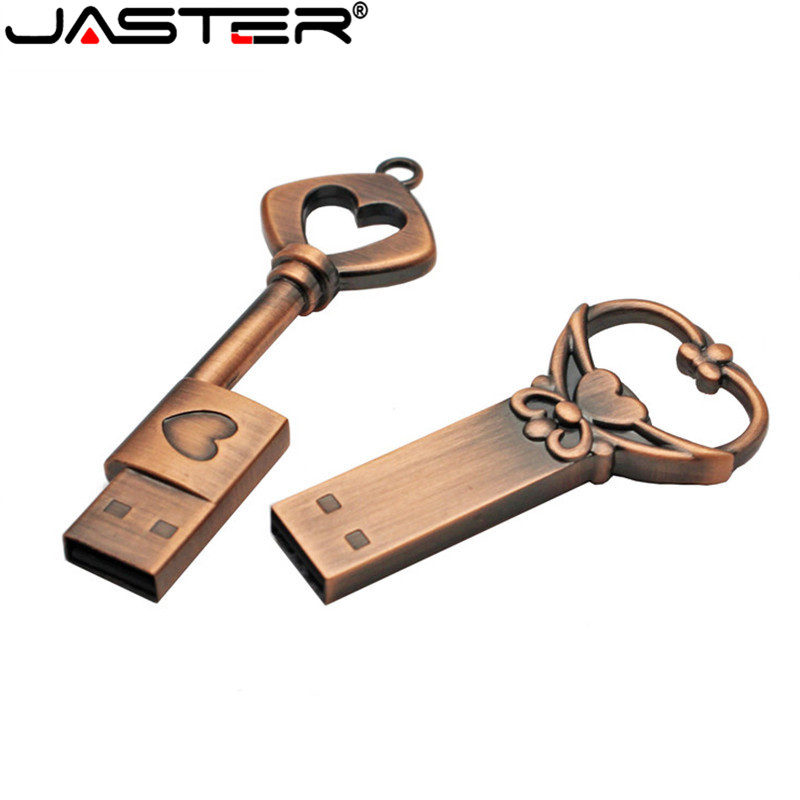 JASTER Metal heart key pendrive 4GB 16GB 32GB 64GB copper key usb 2.0 usb flash drive pen drive memory stick gift free shipping
