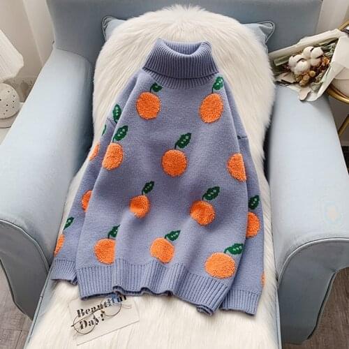 Sweet pullover y2k Cherry Pattern Long-Sleeved Womens High-neck Loose Kawaii Sweater Jacket 2021 Autumn Winter New
