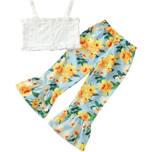 Fashion Girl’s Camisole and Trousers Suit Fresh White Button Suspender Tops Flower Trumpet Pants 2pcs Outfits Summer Clothing