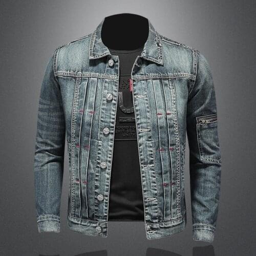 2021 Spring Autumn Men Denim Jacket Turndown Collar Personality Cowboy Coat Man Asian Size