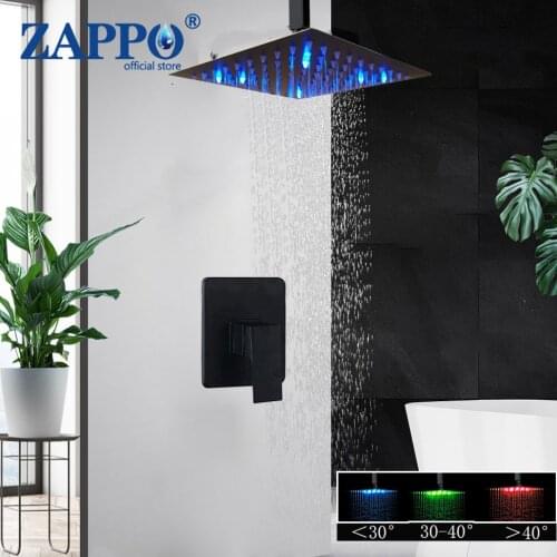 ZAPPO LED Ceiling Mounted Rainfall Shower Head Matte Black Bathroom Ultrl-thin Square Hand Shower Set Faucet Tap
