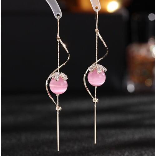 Delicate Pink White Moonstone Drop Earrings Korean Jewelry Twist Gold Color Long Tassel Crystal Earrings Lady Girl Gift