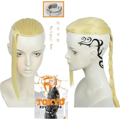 Anime Tokyo Revengers Cosplay Wig Ken Ryuguji Cosplay Braid Golden Wig Earring Heat Synthetic Fiber Hair Free Wig Cap Role Play