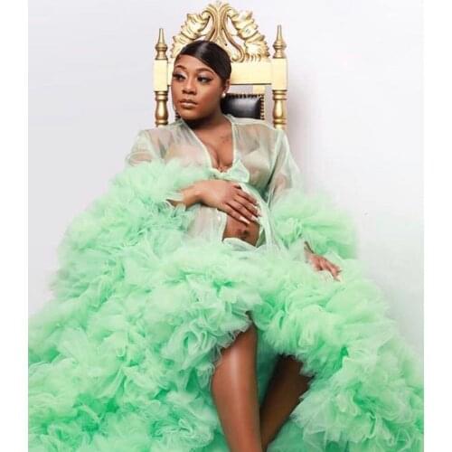 Ruffles Prom Dresses Full Sleeves Tiered See Through Maternity Photoshoot Dress For Baby Shower Illusion Evening Dress