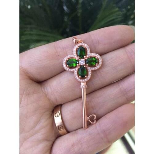 Natural blue sapphire gem pendant S925 silver Natural green diopside Pendant Necklace trendy Lucky Clover key women gift jewelry