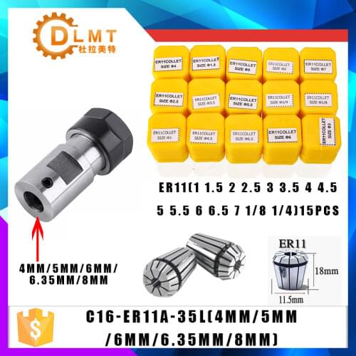 15pcs High Carbon Steel ER11 Spring Collet 1-7mm with ER11A Extension Rod Motor Shaft HolderInner 4MM 5MM 6MM 6.35MM 8MM