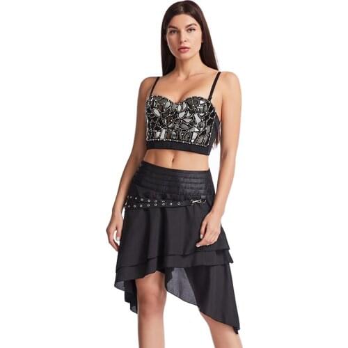 Newest Fashionable Gray Bra Top and Black Mid-long Skirt Suit Steampunk Sexy Women Two Piece Set Party Stage Wear For Ladies