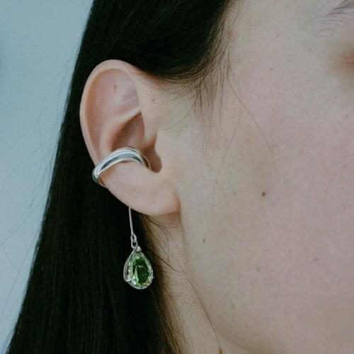 Crystal Green Geo Clip Earrings Women Jewelry Gothic Boho Designer Unique Party Elegance Gifts Japan Korean Fashion