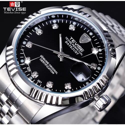TEVISE Luxury Brand Diamond Black Silver Automatic Watch Stainless Steel Band Mechanical Watch Chronograph Waterproof Wristwatch