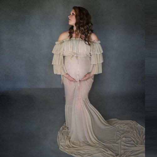 See Thru Chiffon Maternity Dresses for Photo Shoot Pregnancy Dress Ruffles Sleeves Long Pregnant Women Clothes Off The Shoulder