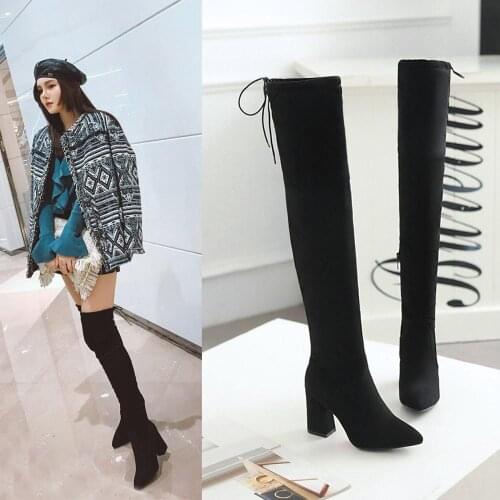Autumn Women Boots Over The Knee Boots Fashion High Heel Long Boots Pointed Toe Zipper Winter Plush Woman Boots Shoes Size 34-43