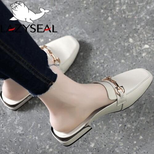 LazySeal Cow Suede Square Toe Slippers Shoes Heels Metal Decorationg Women Slides New Summer Woman Mules Shoes Ladies Slippers