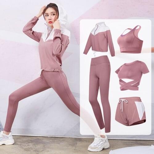 Women 5 piece yoga sets bra+t shirt+coat+shorts+pants breathable sports wear for women gym clothing workout clothes slim fitness