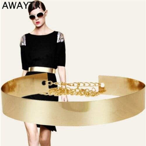 AWAYTR New Female Metal Wide Waistband Golden Womens Belt Waist Chain Skirt Coat Dress Accessories Luxury Chain Women Belt