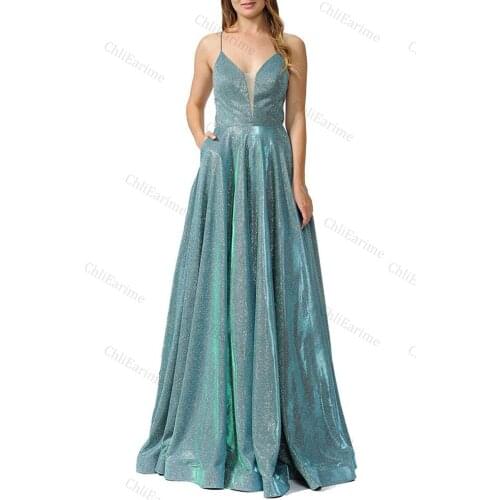 Womens V-neck ball gown, sequined evening gown, criss-crossed open style