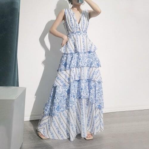 Fashion Women Floral Printed Sexy Sleeveless Tank Long Dresses Open Back Ruffles Retro Good Quality Lady Sexy Dress Vestido