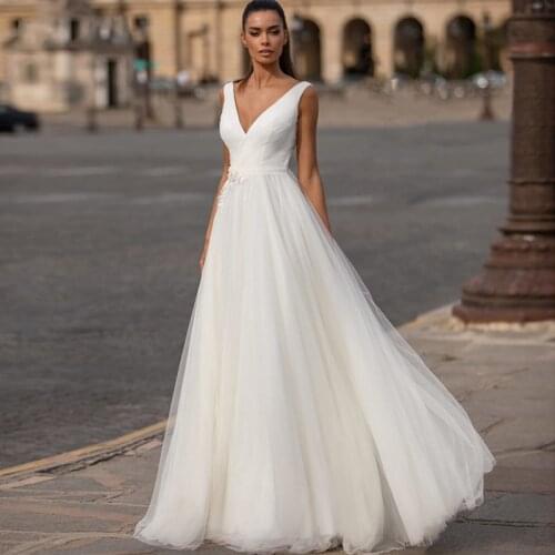 New robe de mariee Beach Boho 3D Flowers Wedding Dress Lace Appliques Tulle V-Neck Bohemia Bridal Gowns Vestidos de Novia