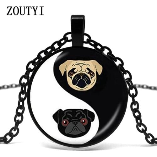 2018/Yin Yang Pug Necklace Black and Tan Bulldog Pendant Dog Jewelry Gift Pug Fan Rescue Jewelry, Glass Dome Necklace