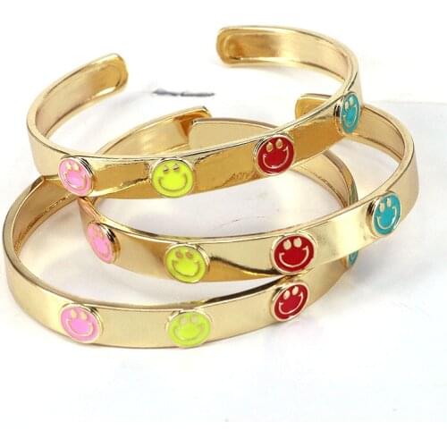 5Pcs 2021 Women Jewelry Gold plated Rainbow Enamel Happy Face Smiley Statement Stacking Open Bangle Bracelet