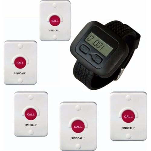SINGCALL Wireless Nurse Calling System for Kitchen, Hospital, Coffee Shop, 5 Pagers,Bells and 1 Watch for Restaurant
