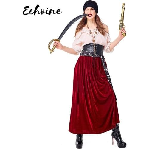 Echoine Adult Women Halloween New Cosplay Pirate Costume Sexy Cold Shoulder Tops Red Maxi Long Skirt DS Party Costume Outfit