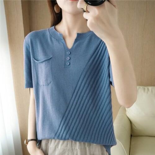 100% cotton summer V-neck short-sleeved knitted T-shirt Ladies casual loose half-sleeved top solid color wild pullover