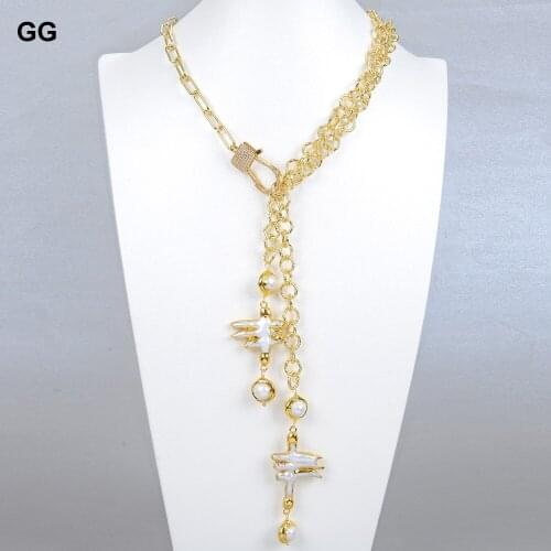 GG Jewelry Natural Freshwater White Freeform Keshi Pearl Gold color Plated Lariat Chain Necklace For Women
