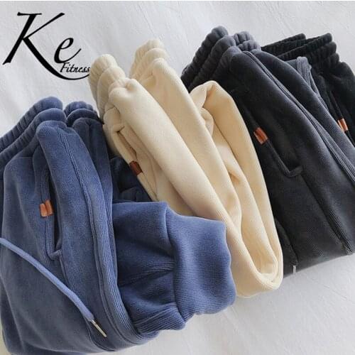 KE Soft warm pants womens autumn winter plus velvet thickening outer wear trousers loose and thin casual pants