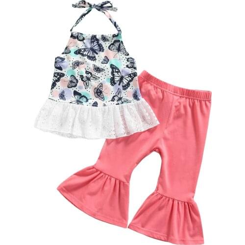 2Pcs Little Girls Outfit Butterfly/Floral Printing Lace Splicing Hanging Neck Sleeveless Tops + Solid Color Bell-bottomed Pants