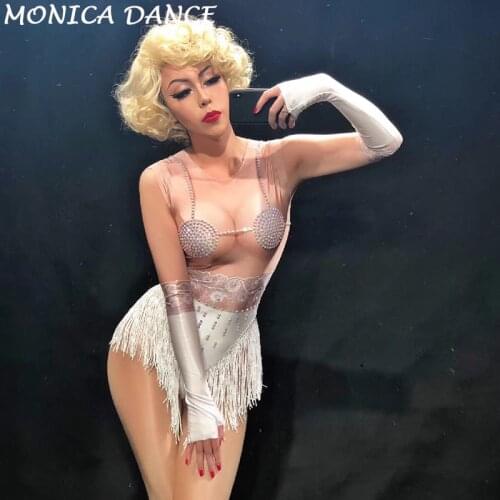 Women Sexy Fringe Leotard Nude Spandex One Piece Rhinestones Costume Stage Performance Dance Wear Singer Pole dancing Bodysuit