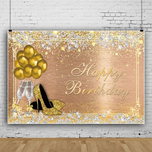 Laeacco Gold High Heels Birthday Wooden Photo Backdrop Silver Diamond Wineglass Balloons Glitters Banner Photographic Background