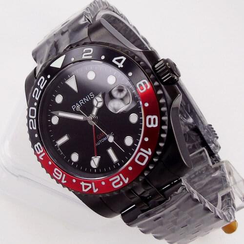 Parnis 40mm Sapphire Automatic Mens Watch GMT Dual Time Black PVD Plated Jubilee/Oyster Bracelet Rotating Bezel Date Cyclops