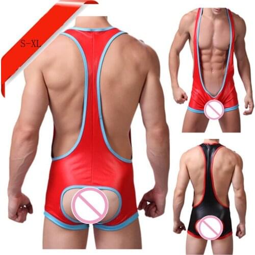 High Unitard Mens Wrestling Suits Sexy Leather Latex Catsuit Crotchless Straps Singlet Boxers Underwear Open Hips Body Suit S-XL