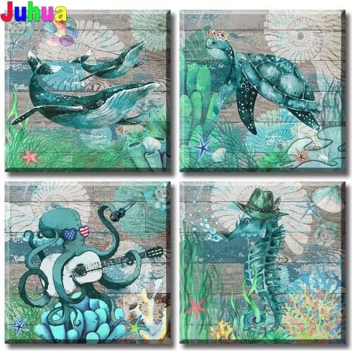 4 Piece 5d Diy Diamond Embroidery Teal Ocean Sea Turtle Horse Octopus Pictures Cross Stitch Kits Gift Mosaic Embroidery Pattern