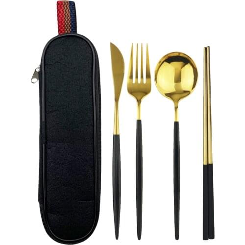 5pcs Travel Dinnerware Set Black Cutlery Set European Knife Fork Spoon Chopsticks With Portable Bag Tableware Stainless Steel