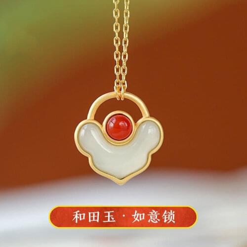 Natural Hetian Jade Safe Longevity Lock Pendant Lock of Good Wishes Exquisite Small S925 Sterling Silver Necklace Vintage Neckla