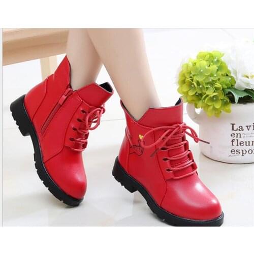 New Plus velvet Girl Leather red Boots Shoes For Girls Children Non-slip Warm Boots Fashion Soft Bottom Boys Girls Boots Kids
