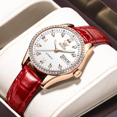 OLEVS Watches for Women Luxury Automatic Mechanical Waterproof Leather Lady Watch Fashion Casual Wristwatch Gifts for Women