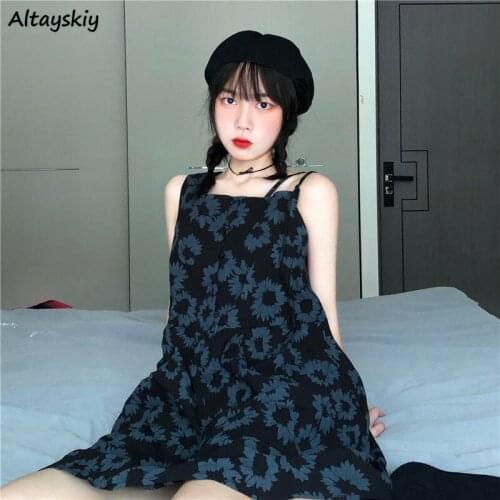 Dress Women Sweet Black Floral Spaghetti Strap Trendy Female Clothes Knee-length Harajuku Kawaii Summer Vestido Holiday Sundress