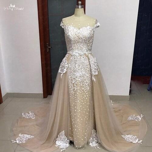 RSW1580 Vestido De Noiva 2 Em 1 Off Shoulder Lace Champagne Wedding Dress Detachable Train