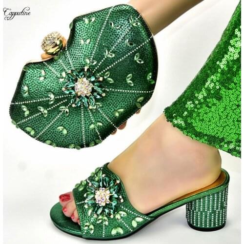 Green Italian Women Shoes With Purse Bag Set African Ladies High Heels Slippers And Handbag Sandals Pumps 928-7 Height 7.5CM