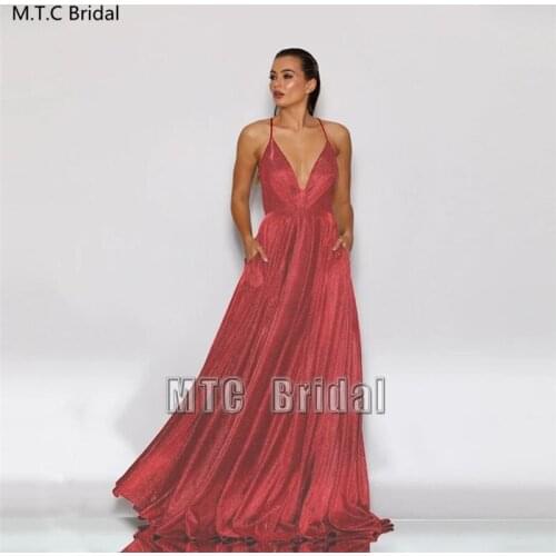 Sexy Red Shiny Backless Prom Dresses With Pockets V Neck Spaghetti Strap Long Special Occasion Women Dress Plus Size Party Gown