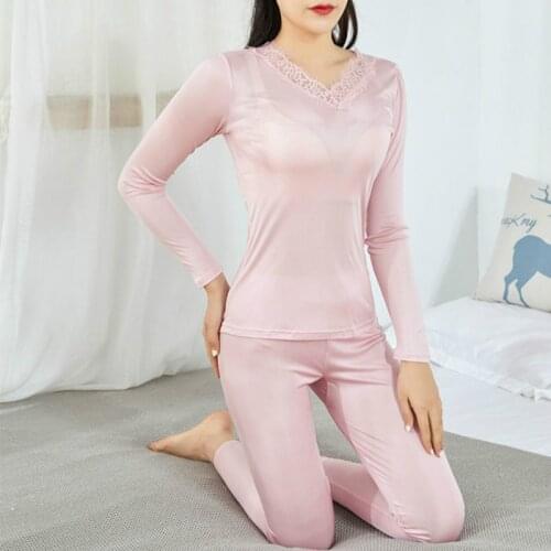 Silk pajamas for women 2 piece set women Warm thin Underwear Long sleeve Lace collar Silk bathing suit women Plus size pijamas