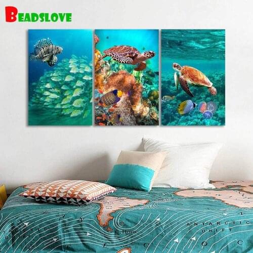 Triptych New Diamond Mosaic Cross Stitch Kits Turtles In Sea World 5D Diamond Embroidery Gift Full Diamond Painting Home Decor