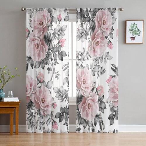 Indoor Tulle Curtains Flowers Pink Girls Bedroom Exquisite Voile Curtain Living Room Kitchen Chiffon Fabric Curtains